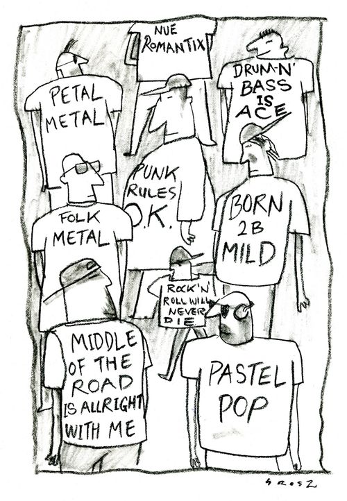 T-shirts will allegiance to different types of music on, while one guy has a shirt that reads 'middle of the road is all right with me.'