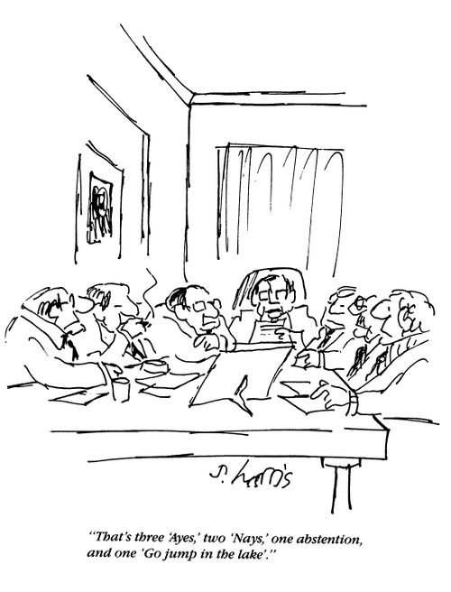 'That's three 'ayes', two 'nays', one abstention, and one 'go jump in the lake'.'