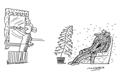 Seated husband covered with christmas tree needles when wife opens window.