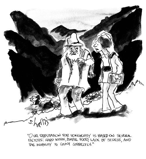 'Our reputation for longevity is based on several factors: hard work, simple food, lack of stress, and the inability to count correctly.'