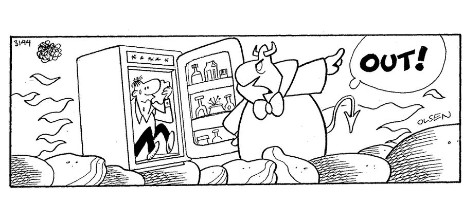 Satan ordering man out of fridge.