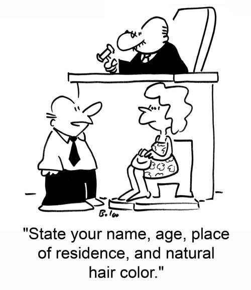 "State your name, age, place of residence, and natural hair color."