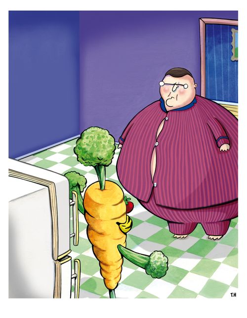 Vegetable scarecrow blocks obese man from the refrigerator.