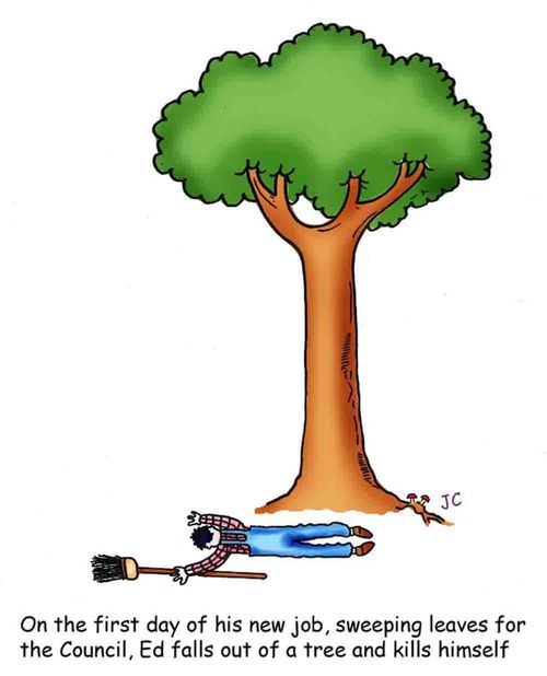On the first day of his new job, sweeping leave for the Council, Ed falls out of a tree and kills himself