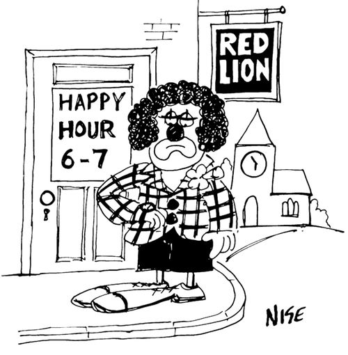 Clown waits for 'Happy Hour' to begin.