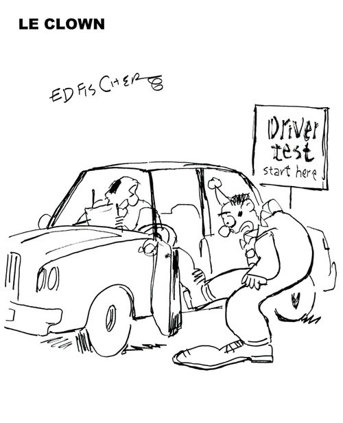 Driver test: Clown's big feet create challenge