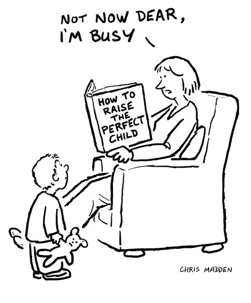An over ambitious pushy parent reading a book about child development while ignoring her child's emotional needs.