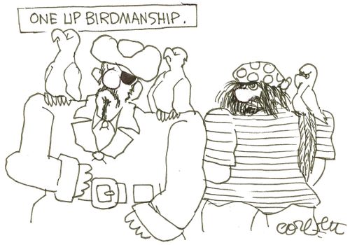 One up birdmanship: pirate with two parrots.