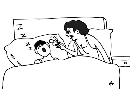 Woman gives snoring man a dummy/pacifier.