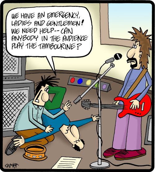 'We have an emergency, ladies and gentlemen! We need help - can anybody in the audience play the tambourine.'