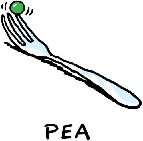 A green pea on the tine of a fork