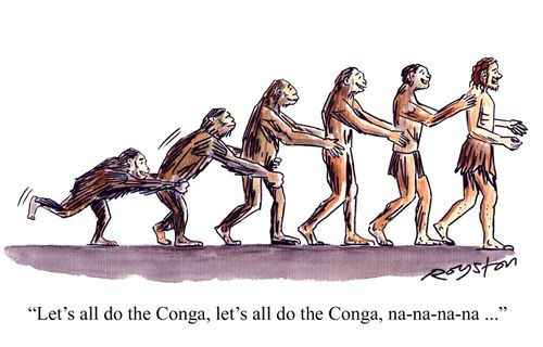 Figures from 'Ascent of Man' diagram all do the Conga: 'Let's all fo the Conga, na-na-na-na ...'