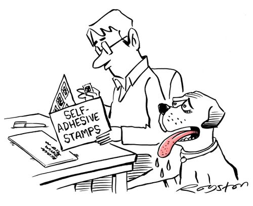 Dog looks on dribbling, as master uses self-adhesive stamps that need no licking