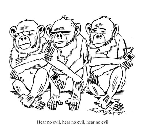 Three Wise Monkeys with MP3 players: Hear no evil, hear no evil, hear no evil