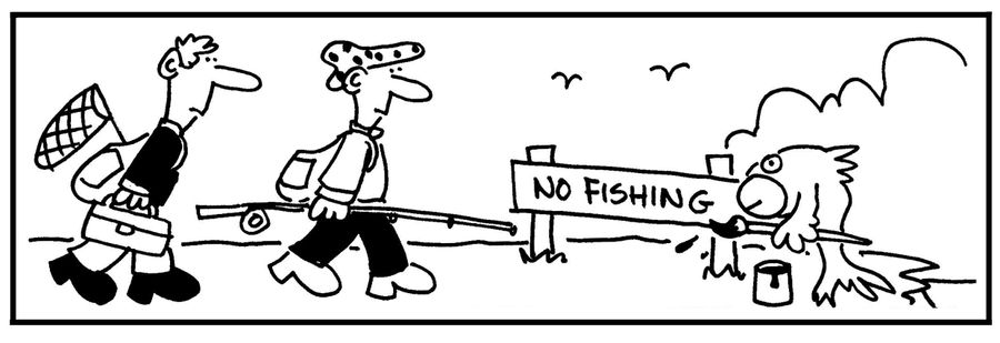 Fishermen catch a fish paint a 'No Fishing' sign.