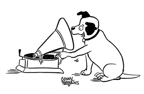Iconic dog hearing sound of vinyl record with his paw scratching it.