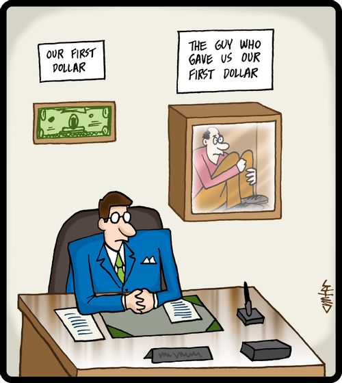 Executive has both his first dollar and the guy who gave it to him framed on the wall.
