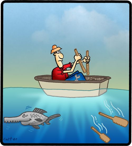Sawfish cuts through the oars of row boat.