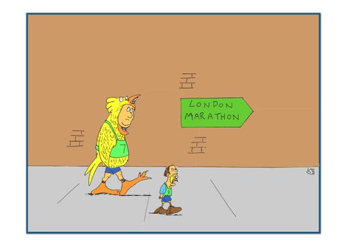 Marathon runner in a chicken costume notices a chicken in a human costume.