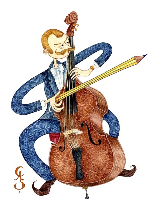 Cello player with pencil instead of bow