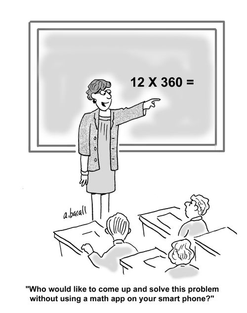 'Who would like to come up and solve this problem without using a math app on your smart phone?'