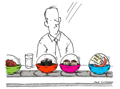 Sushi - prawn trapped inside a dish holds up a sign saying 'Help Me'.
