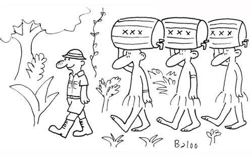 Drunk Explorer Being Followed by Men Carrying Beer Barrels.
