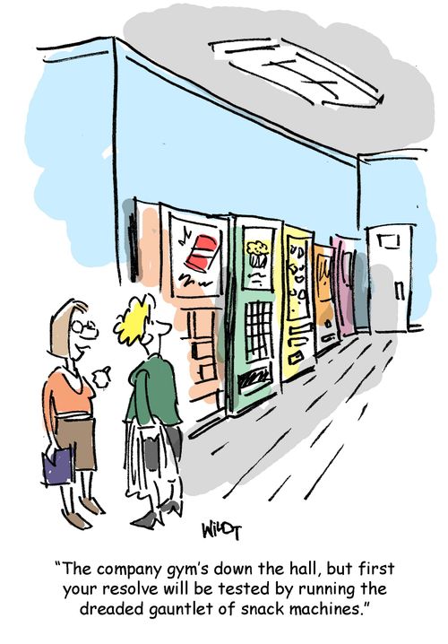 The company gym's down the hall, but your resolve will be tested by running the gauntlet of snack machines.
