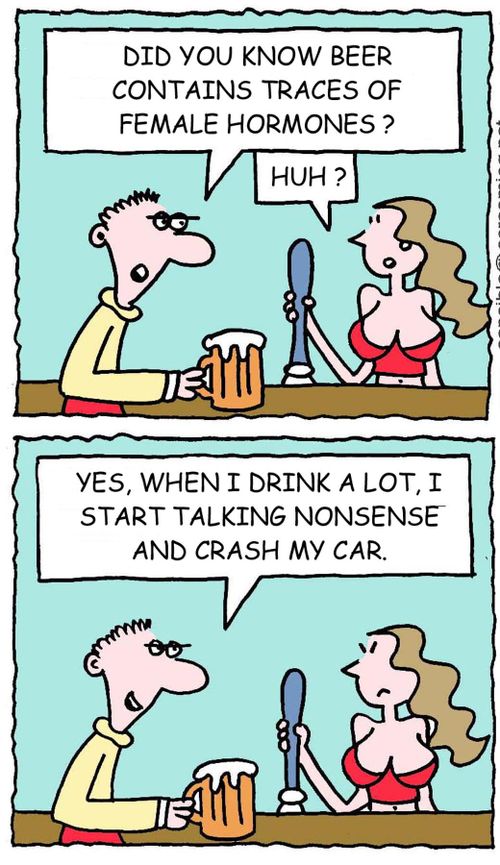 Did you know beer contains traces of female hormones? Huh? Yes, when I drink a lot, I start talking nonsense and crash my car.