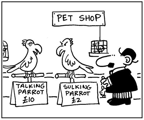 'Talking parrot £10. Sulking parrot £2.'
