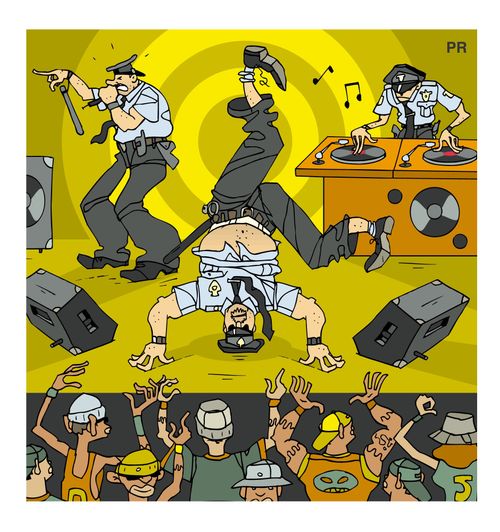 Hip-hop cops on stage.