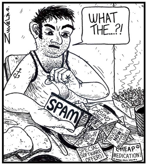 Man: 'What the...?!' (Internet Spam comes out of a can of spam to the horror of the purchaser.)