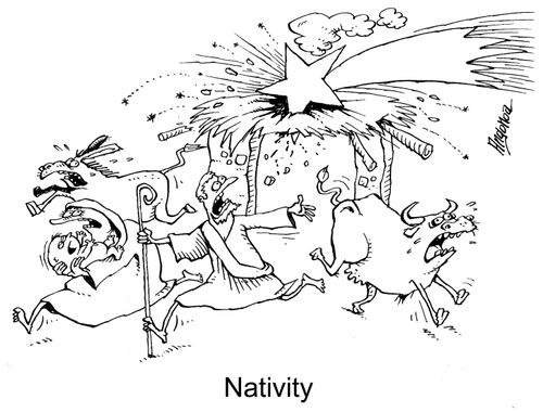 Nativity with the star crashing into the stable.
