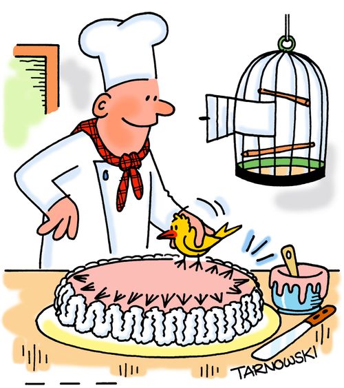 Chef using a bird's feet to decorate a cake.