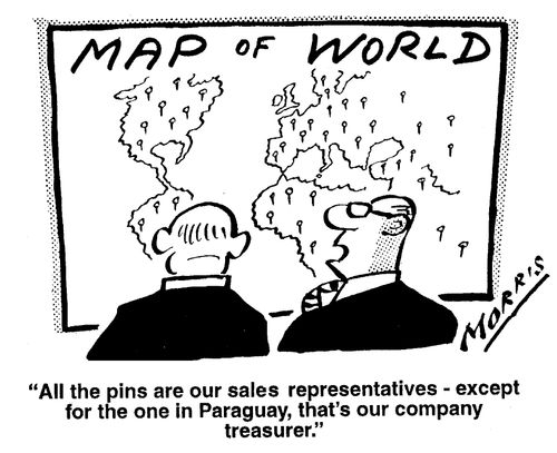 Map of World - "All the pins are our sales representatives - except for the one in Paraguay, that's our company treasurer."