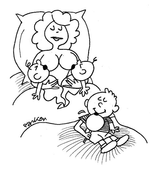 Woman Breast-Feeding Two Babies & Third Child Sucking Breast-Shaped Ice Cream