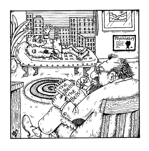 Quasimodo in psychiatrists office "The bell's, the bell's"