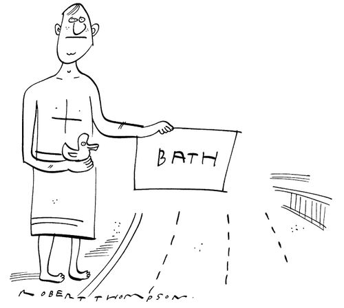 Hitch hiker in a robe with a sign for 'Bath'