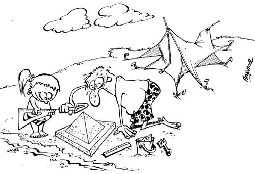 Dad helping to build sand castle while tent remains un-erected.