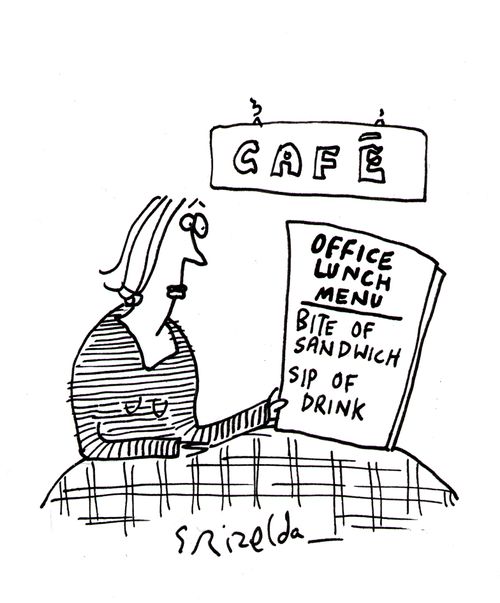 Office Lunch Menu - Bite of sandwich, sip of drink.