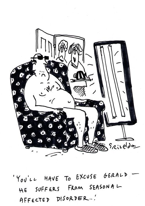 'You'll have to excuse Gerald - he suffers from Seasonal Affected Disorder' (Naked man in arm chair in living room)