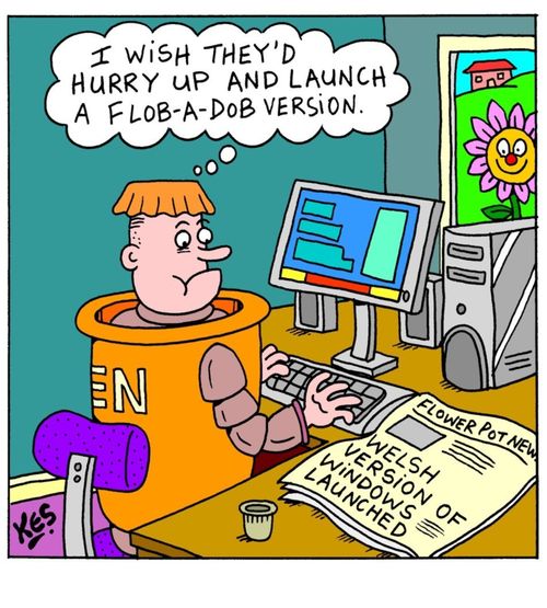 Flowerpot man reads newspaper headlines: Welsh version of windows launched.