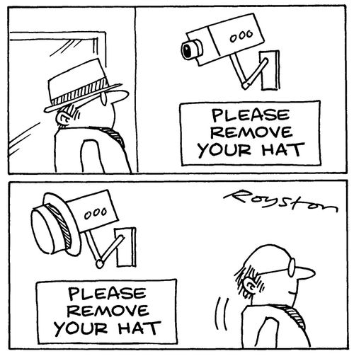 CCTV camera asks man to remove hat. He uses camera as hook.