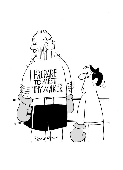 Large boxer with tattoo on chest - 'Prepare to meet thy maker'.