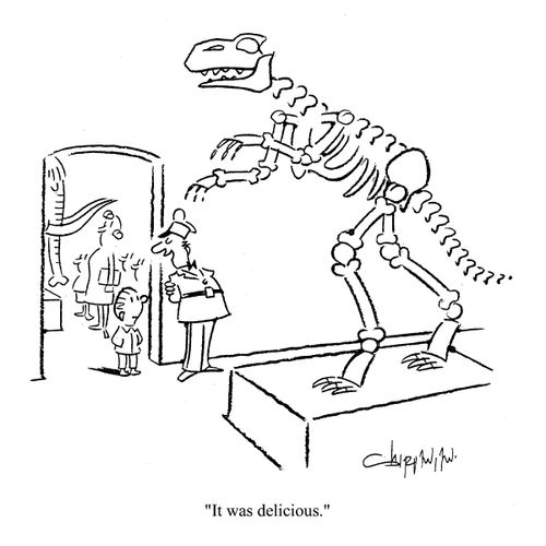 Guard tells a little boy looking at a dinosaur skeleton: 'It was delicious.'