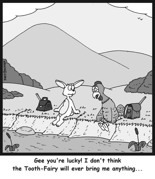 'Gee you're lucky! I don't think the Tooth-Fairy will ever bring me anything...'
