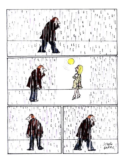 Man In Rain Meets Woman in Sun.