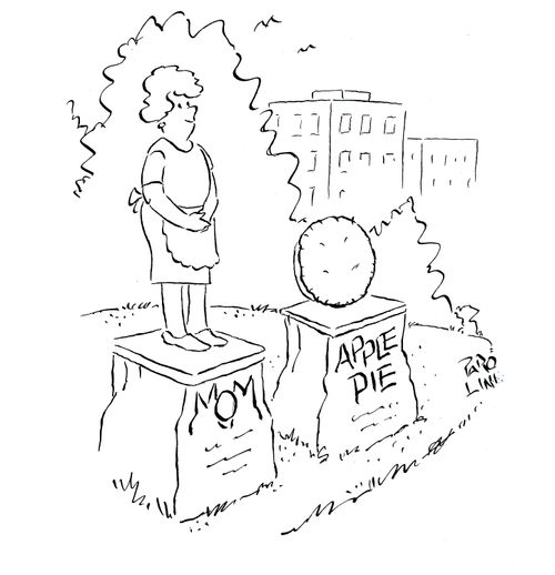 Statue of 'Mom' next to a statue of 'Apple Pie'.