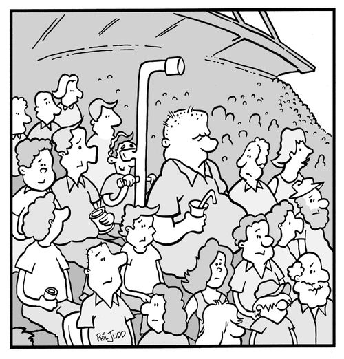 Little guy using telescope to see past a big guy blocking his view in the crowd,