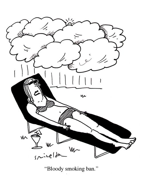 Woman sunbathing under clouds: 'Bloody smoking ban.'